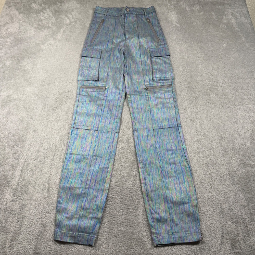 Akira Cargo Pants Womens Small Blue Iridescent Metallic High Rise Zip Ankle‎ NWT